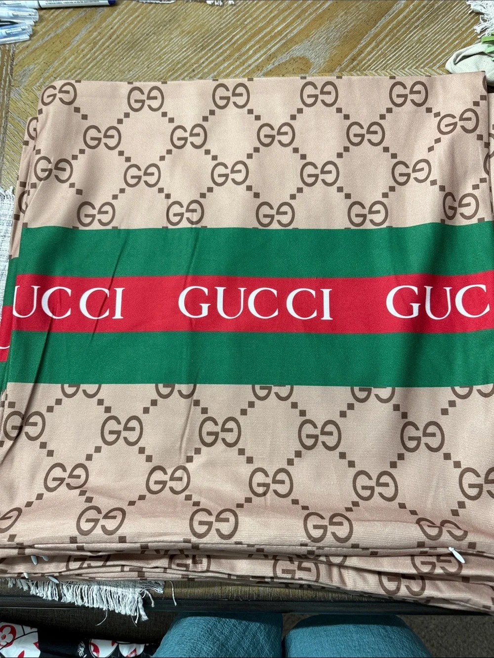 Beige Monogram Throw with Green and Red Center Band